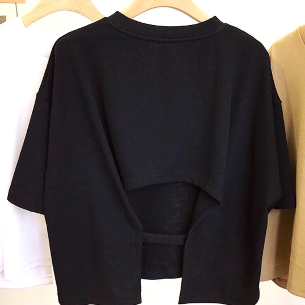 BLACK XXL SHORT SLEEVE CREW NECK BACKLESS USHAPE HELD WITH A STRIP OF FABRIC